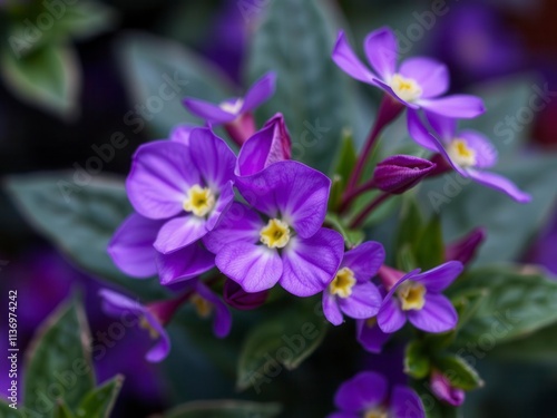 A close-up shot of vibrant purple flower petals and delicate leaves intertwined in a beautiful natural display, vibrant, fresh, purple