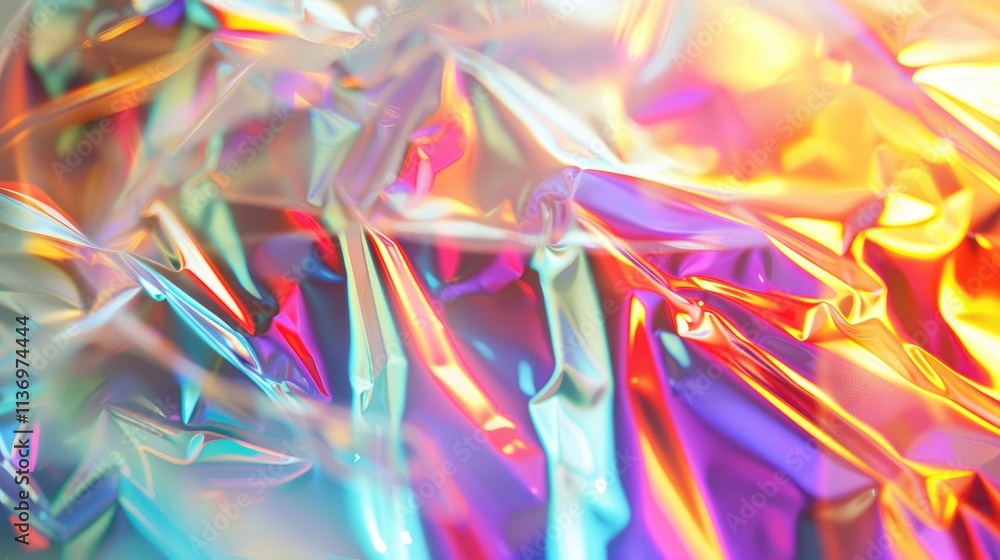 A colorful, reflective surface of crumpled foil displaying vibrant light patterns.