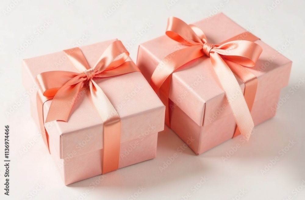 Fototapeta premium Two elegant pink gift boxes tied with shiny satin ribbons in soft coral hues.