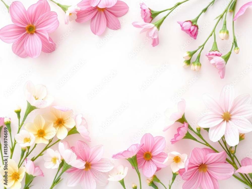 Beautiful spring flowers in pastel colors blooming against a white paper background, bright, vibrant Beautiful spring flowers in pastel colors blooming against a white paper background, bright, vibrant