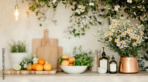 A table adorned with an orange bowl, lemon bowl, and floral arrangement