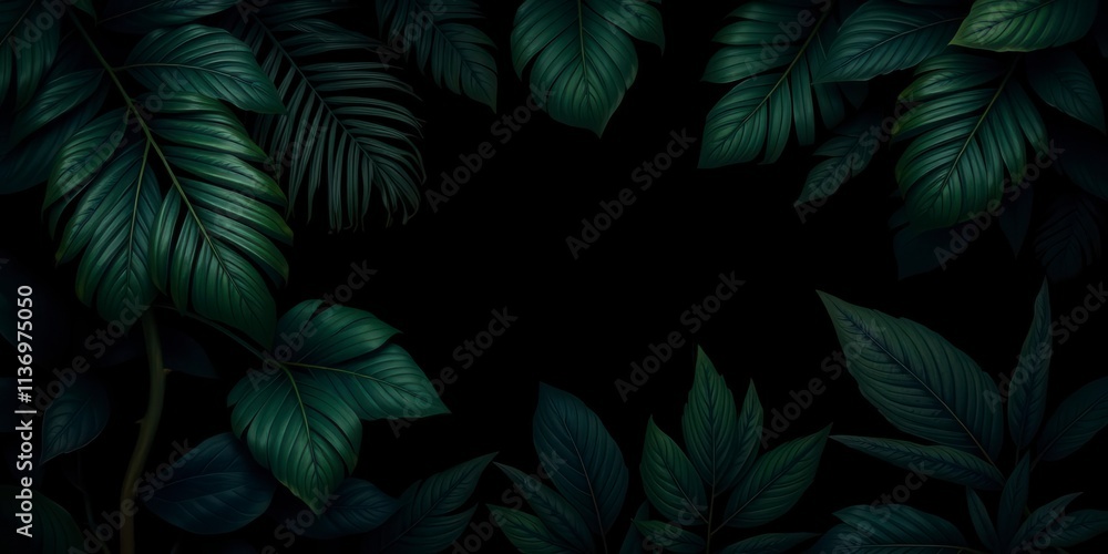 Dark and mysterious pattern featuring exotic leaves in rich shades of greens and blacks, tropical, mysterious, black Dark and mysterious pattern featuring exotic leaves in rich shades of greens and blacks, tropical, mysterious, black