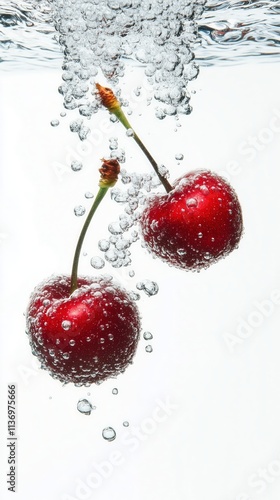 Two fresh cherries submerged in water, splashing with bubbles. Refreshing, juicy fruit