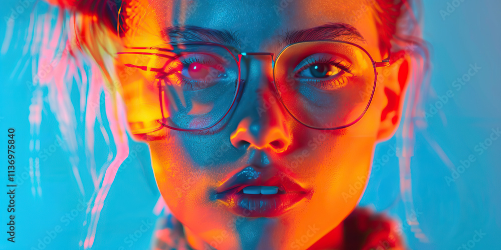 Portrait of Woman with Round Glasses in Orange and Blue Light Portrait of Woman with Round Glasses in Orange and Blue Light