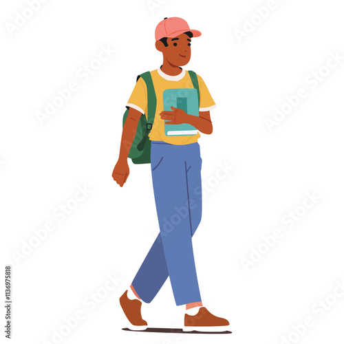 Preteen boy student cartoon character carrying education supplies going to school isolated on white