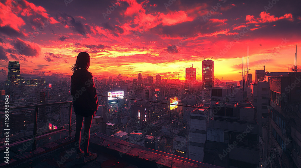 Fototapeta premium Woman gazing at a sunset skyline from a rooftop, enjoying the captivating colors and peaceful urban landscape