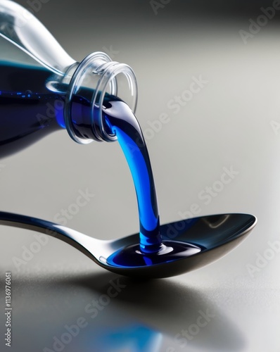 Close up of cough syrup being poured from bottle into spoon for cough relief medication photo