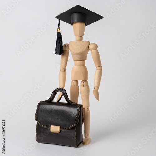 Wooden doll with graduation cap, bag and shoes flying on white background photo