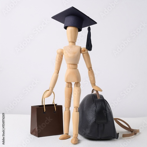 Wooden doll with graduation cap, bag and shoes flying on white background photo