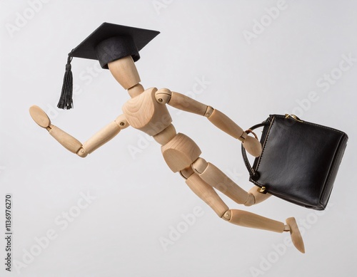 Symbol of Achievement: Wooden Doll with Graduation Cap and Bag photo