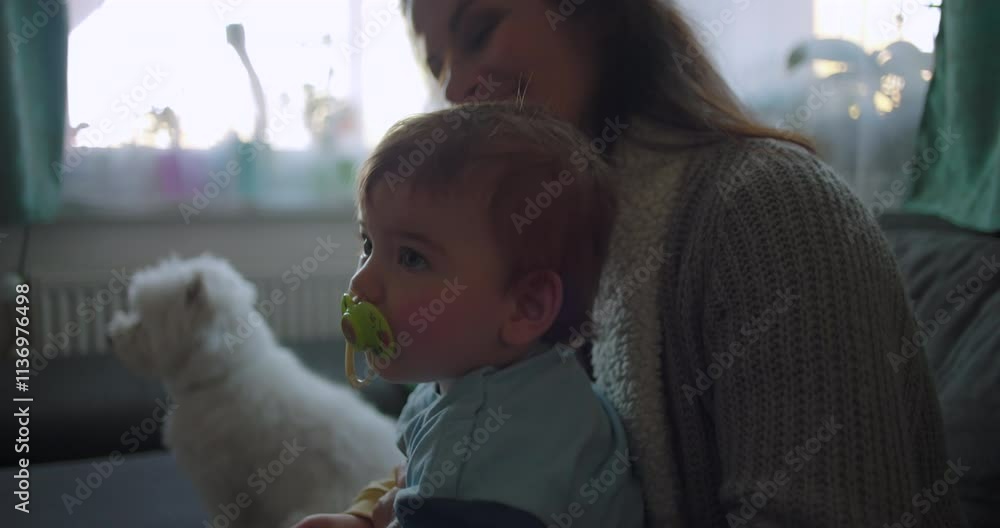 Toddler with pacifier sitting on mother’s lap, looking curiously to side, fluffy white dog in background, relaxed family moment indoors Toddler with pacifier sitting on mother’s lap, looking curiously to side, fluffy white dog in background, relaxed family moment indoors