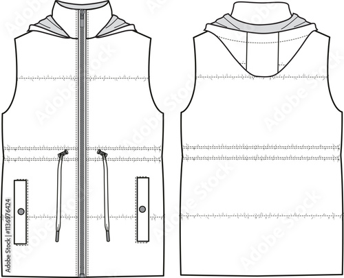 Unisex Hooded Puffer Gilet. Vest technical fashion illustration. Front and back, white color. Unisex CAD mock-up.