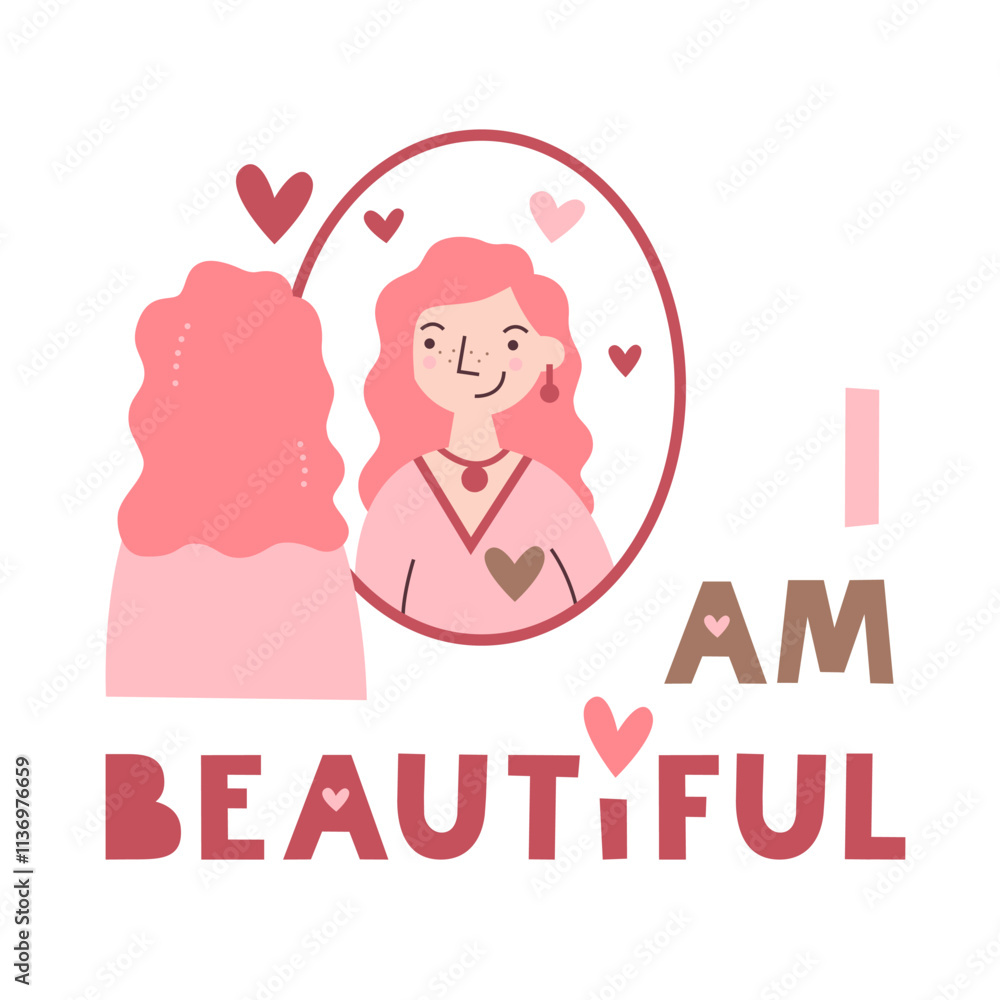 I am beautiful motivational quote. Woman looks at herself in the mirror with love. Self acceptance and care affirmation. Mental health and inner peace lettering. Harmony and embracing identity concept I am beautiful motivational quote. Woman looks at herself in the mirror with love. Self acceptance and care affirmation. Mental health and inner peace lettering. Harmony and embracing identity concept
