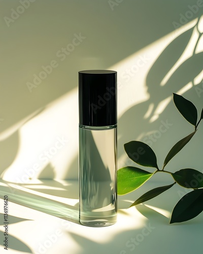 Mockup bottel glass with plants, soft light