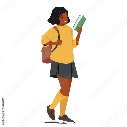 Preteen schoolgirl cartoon character with backpack and open book going to study isolated on white