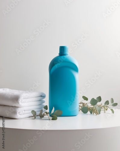 Blue plastic detergent bottle mockup standing on white surface with clean towels and eucalyptus branches photo