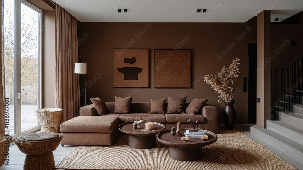 Modern living room interior in dark brown colors, hallway with minimalist design, concept of home, sofa, contemporary house