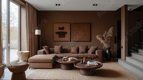 Obraz na płótnie Modern living room interior in dark brown colors, hallway with minimalist design, concept of home, sofa, contemporary house w salonie