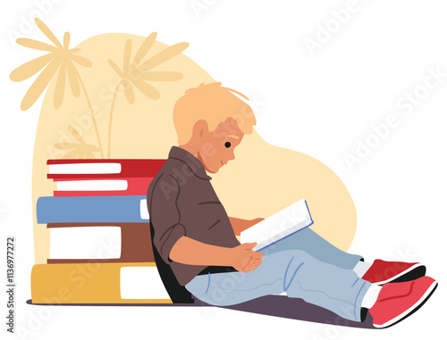Happy preschool boy cartoon character reading leaned back to pile of huge paper hardcover textbook
