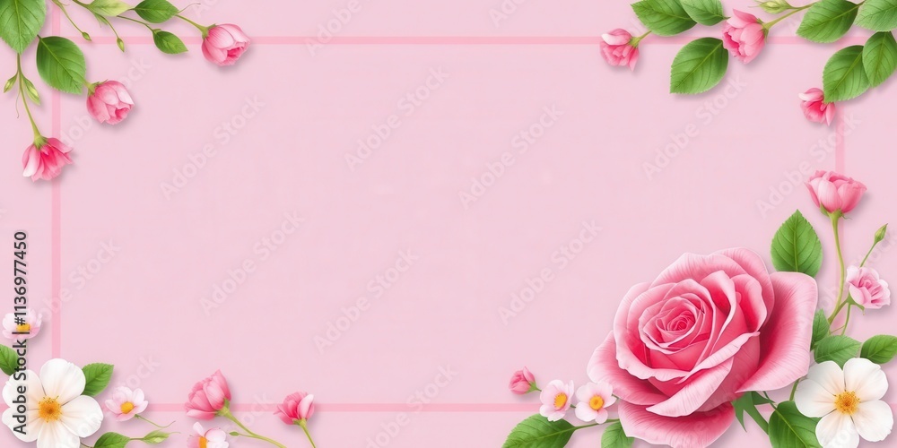 Rose flower with green leaves forming a beautiful frame, greeting card, leaves Rose flower with green leaves forming a beautiful frame, greeting card, leaves