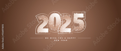 We wish you a Happy New Year 2025 light white color of the year 2025 glitter typography with neon outline 2025. New Year 2025 on mocha mousse background