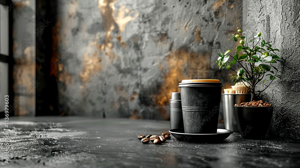 Cozy industrial cafe corner boasting coffee delights and greenery decor Cozy industrial cafe corner boasting coffee delights and greenery decor