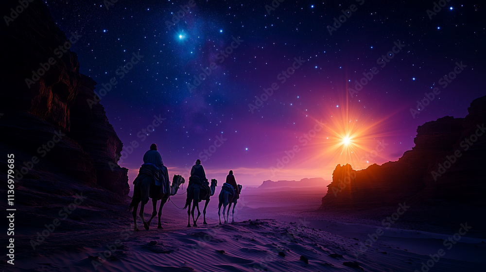 Naklejka premium the Three Kings traveling on camels across a vast desert under a starry night sky, a bright guiding star illuminating their path, emphasizing the journey and celestial atmosphere. Día de los Reyes
