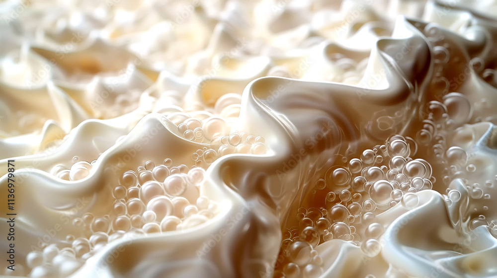 Swirling waves of cream dance with tiny bubbles at sunset glow Swirling waves of cream dance with tiny bubbles at sunset glow