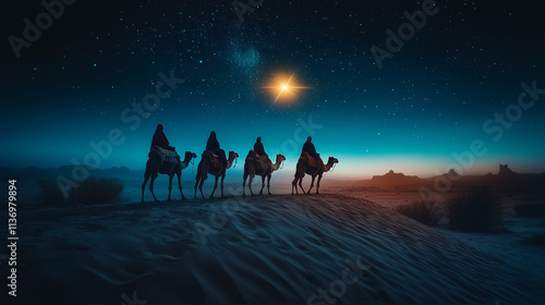 the four Kings traveling on camels across a vast desert under a starry night sky, a bright guiding star illuminating their path, emphasizing the journey and celestial atmosphere.  Día de los Reyes