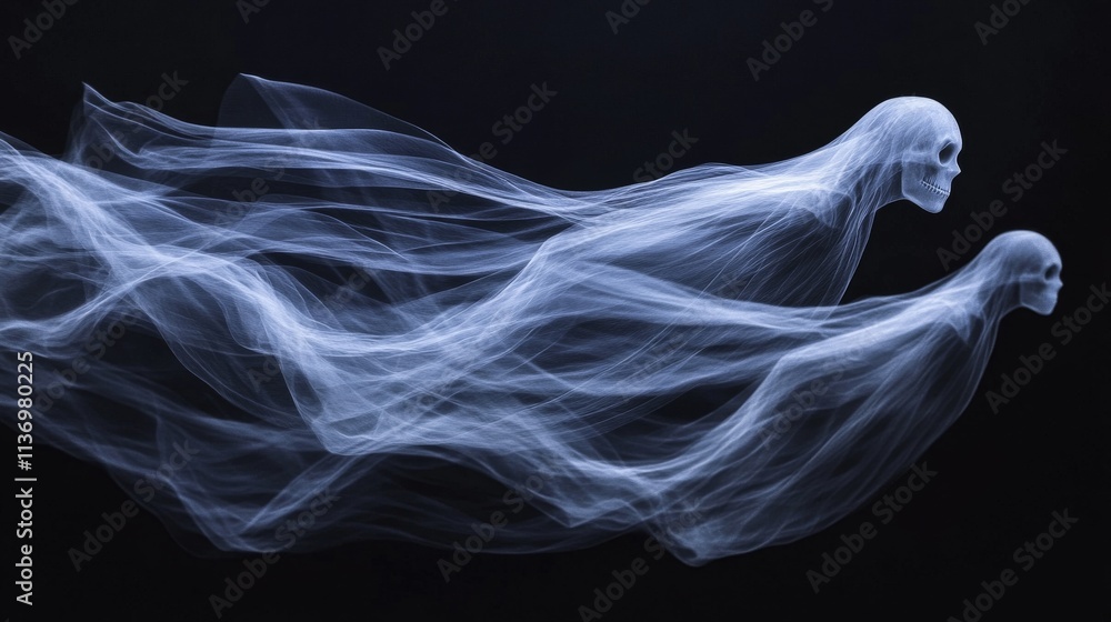 Two ethereal spirit figures, floating and flowing in the dark, with skeletal faces and translucent, wispy bodies. This surreal, haunting image captures a sense of mystery and the supernatural.. AI Two ethereal spirit figures, floating and flowing in the dark, with skeletal faces and translucent, wispy bodies. This surreal, haunting image captures a sense of mystery and the supernatural.. AI