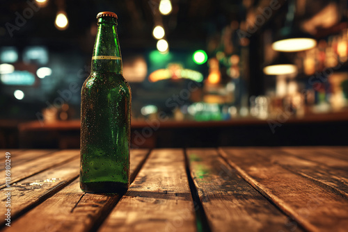 a single green glass bottle standing on a rustic wooden bar table with blurred warm glowing lights in the background creating a cozy scene  
 photo