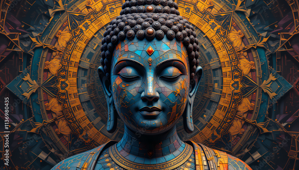 Sacred Geometry: The Enlightened Buddha, patterns, vibrant colors, divine qualities, traditional Hindu symbolism, contemporary styles, geometric abstraction, modern digital art, Sacred Geometry: The Enlightened Buddha, patterns, vibrant colors, divine qualities, traditional Hindu symbolism, contemporary styles, geometric abstraction, modern digital art,