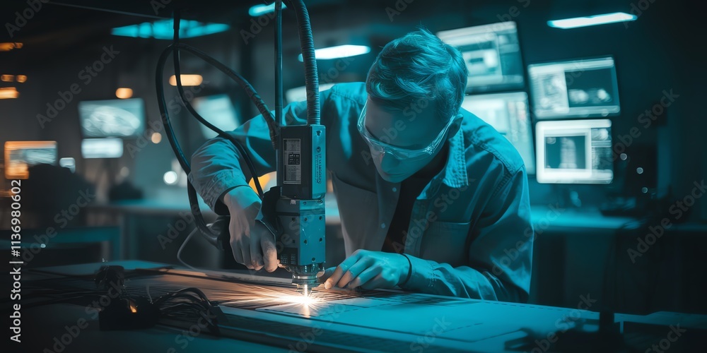 Technician operating CNC machine in factory with monitors displaying data. Technician operating CNC machine in factory with monitors displaying data.