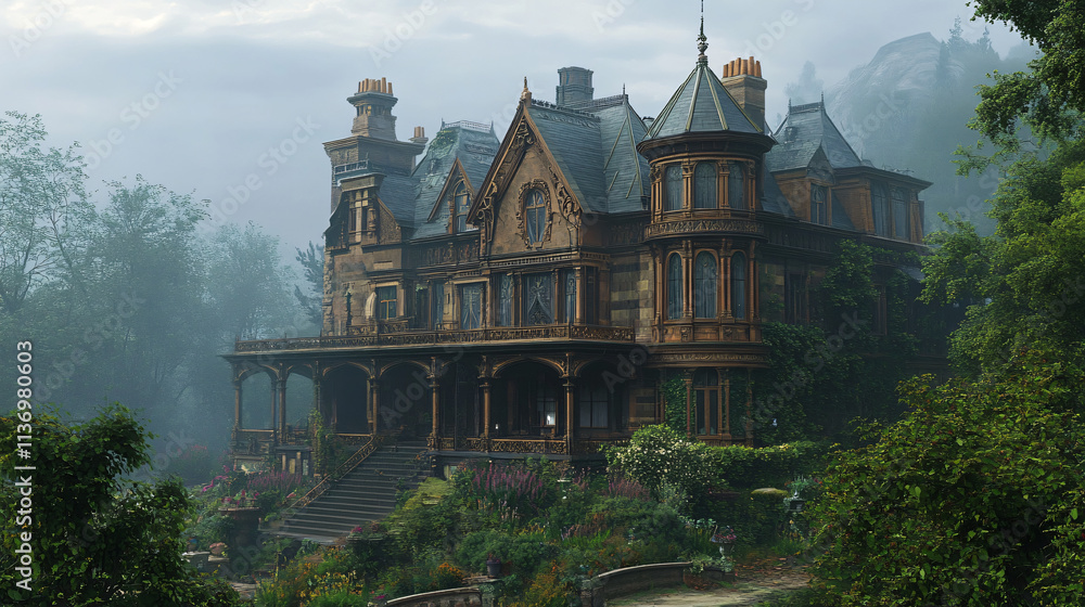 A grand victorian mansion with intricate woodwork and large windows, surrounded by lush gardens and a fog-covered landscape. A grand victorian mansion with intricate woodwork and large windows, surrounded by lush gardens and a fog-covered landscape.