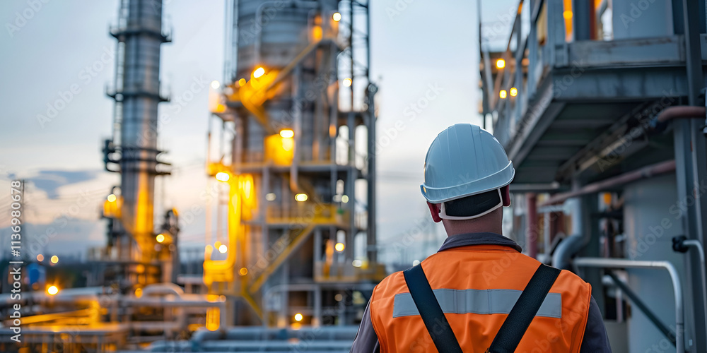 Worker in safety gear observing an oil refinery, Engineer monitoring refinery operations at sunset Worker in safety gear observing an oil refinery, Engineer monitoring refinery operations at sunset