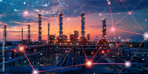 Industrial refinery at sunset with digital technology overlay, Concept of industry 4.0 with refinery and network connections