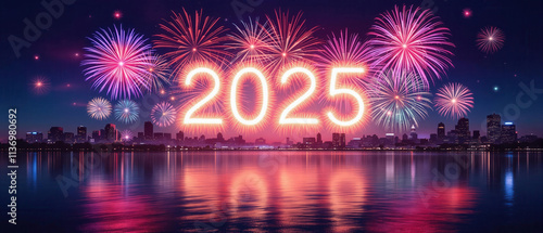 Beautiful fireworks happy new year 2025 with copy space photo