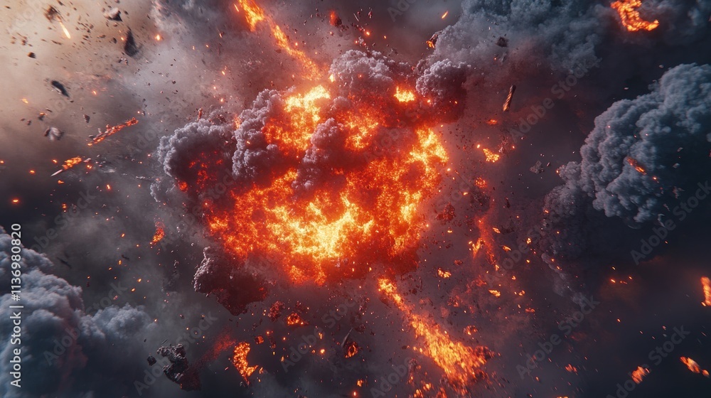 Fiery explosion with smoke and debris in space. Fiery explosion with smoke and debris in space.