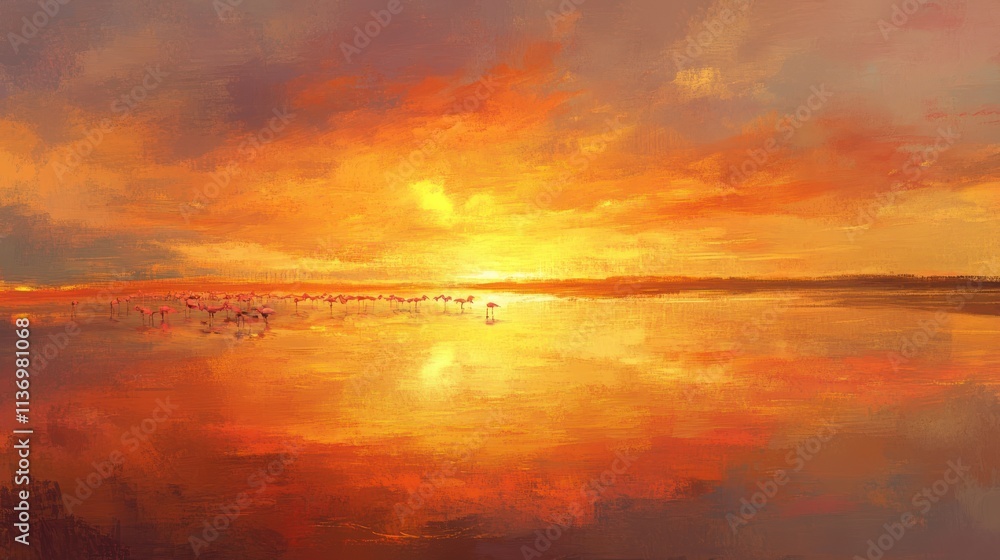 Fototapeta premium Flamingos at sunset reflected in calm water. (1)