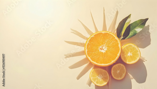 Vibrant citrus fruit slices arranged artfully, casting dramatic shadows on a warm background.  Perfect for summer themes, healthy eating, or fresh juice concepts. photo