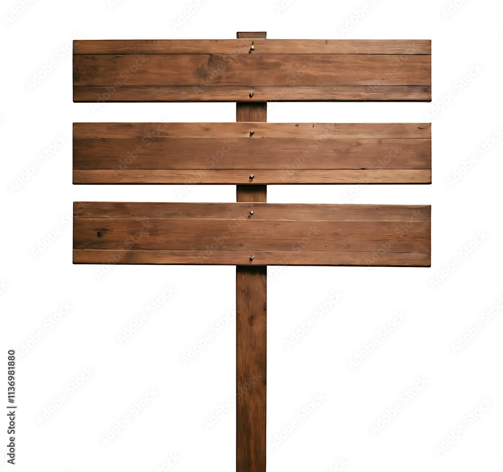 Wooden signpost with three blank planks, perfect for displaying directions, messages, or adding a rustic touch to designs. Wooden signpost with three blank planks, perfect for displaying directions, messages, or adding a rustic touch to designs.