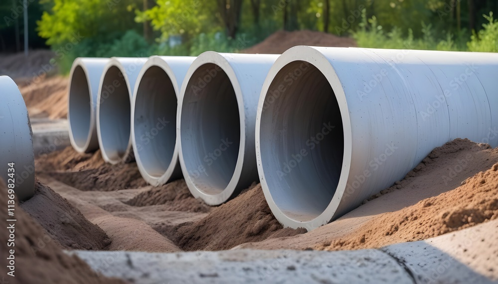 Concrete drainage pipes in a construction site, surrounded by dirt and vegetation Concrete drainage pipes in a construction site, surrounded by dirt and vegetation