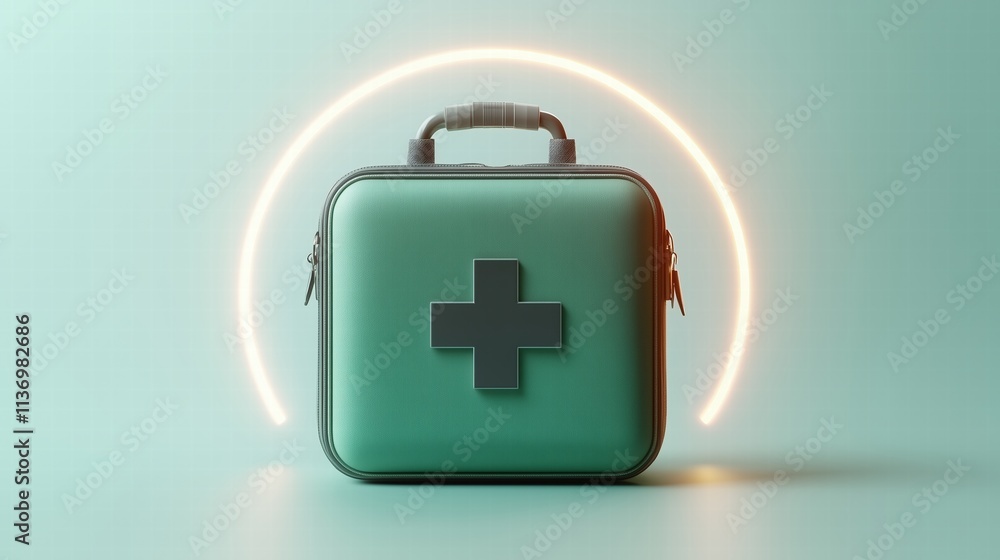 Stylish first aid kit with glowing elements on a pastel background. Healthcare branding. Stylish first aid kit with glowing elements on a pastel background. Healthcare branding.