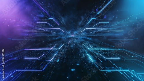 未来的なデータテクノロジーを象徴する点と線の接続が暗い背景で際立つ3Dデザイン。生成AI