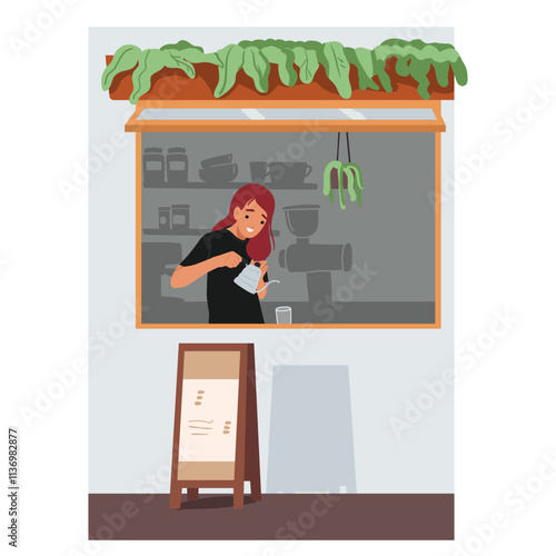 Woman barista making coffee at street cafeteria offering takeaway hot drinks vector illustration