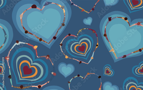 Backdrop seamless pattern Chain of a group of multicultural people seen from above holding hands and forming a heart shape.Community of friends or volunteers.Inclusion equality.Top View