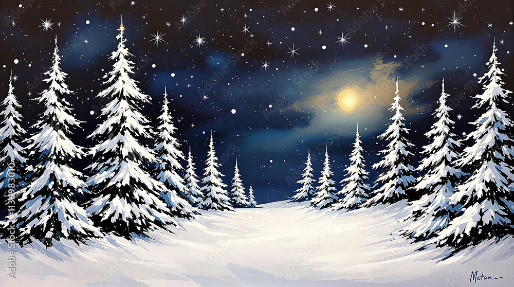 Fototapeta premium Snowy landscape with snow-covered pine trees under a starry night sky with a bright moon, perfect for winter scenes, Christmas cards, or evoking a sense of tranquility and wonder.