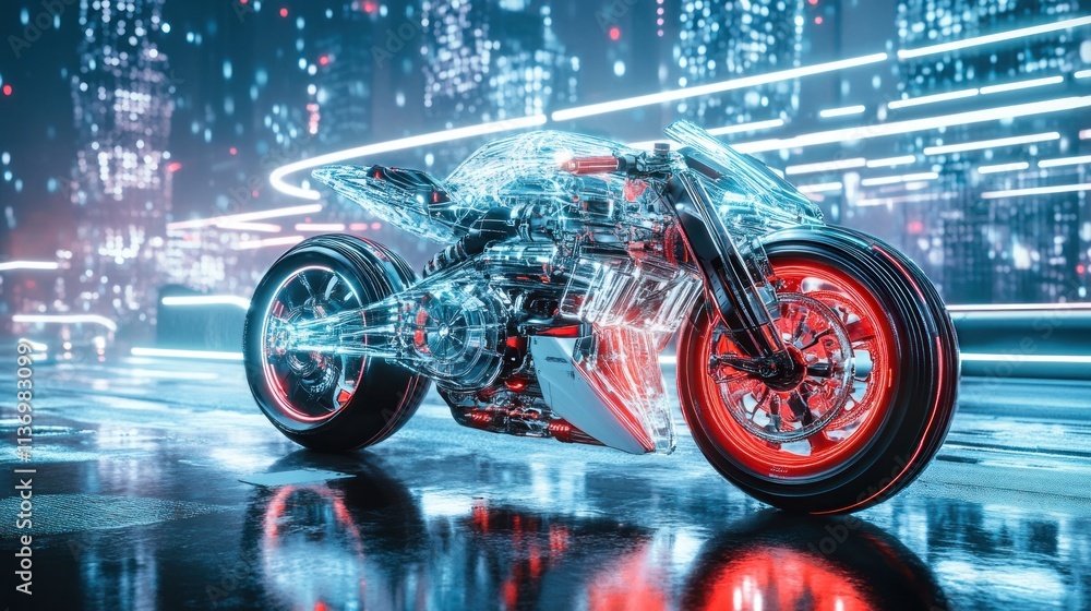 Transparent futuristic motorcycle on city street at night. Transparent futuristic motorcycle on city street at night.