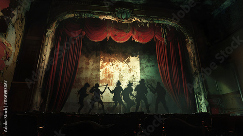 A haunted theater with peeling velvet curtains, where the faint sound of an orchestra plays, and the silhouettes of long-dead performers dance on stage.