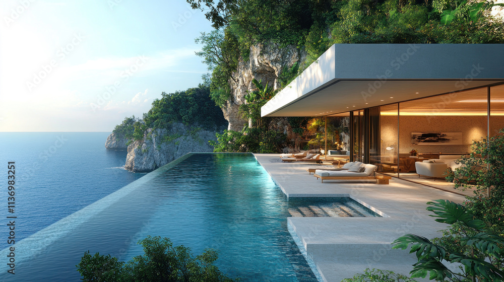Fototapeta premium A 3D architectural visualization of a smart home with minimalist design and a poolside view